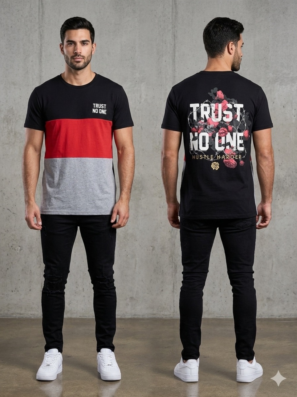 VIBES Colorblock 'Trust No One' Tee - Black, Red, Gray. Size S